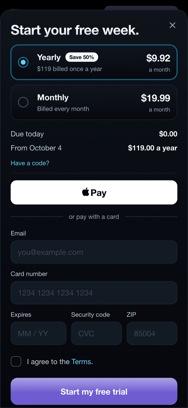 The checkout on a phone, Start your free week